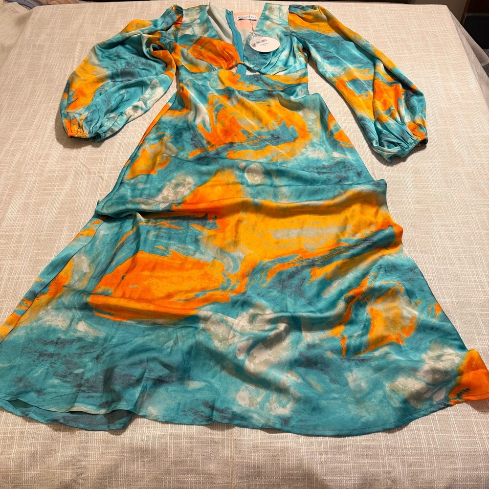 Passionfusion Dreamso Midi Dress Blue Splash Orange Abstract Cutout Size 8 S NEW